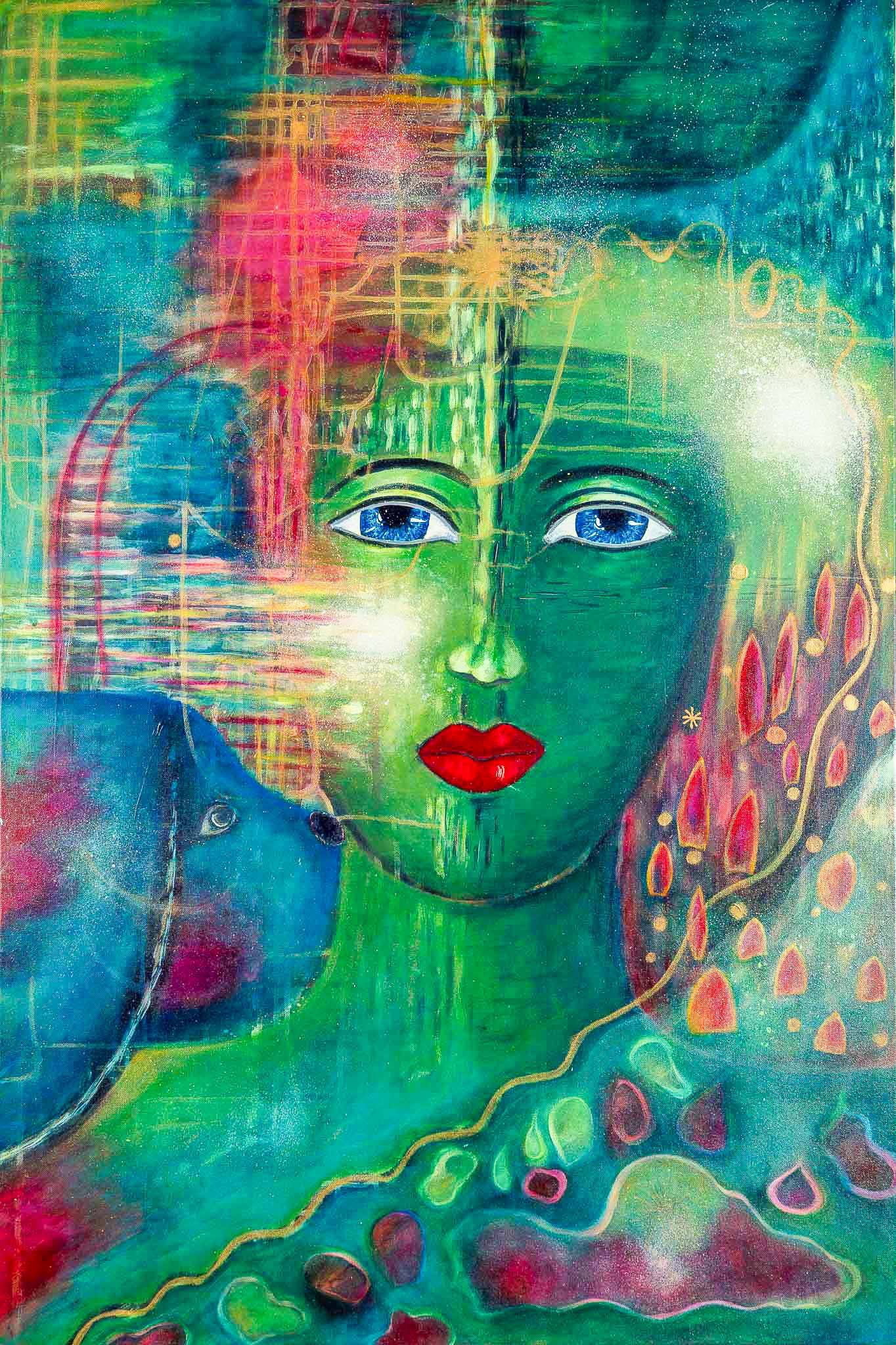 Rubina with her Dog Blue (70 cm x 100 cm, Acrylic)